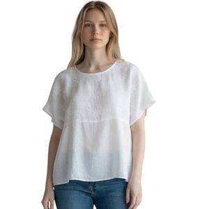 Terzo Millennio, Italy 100% Linen Top L Cream Embroidered Floral Short Sleeve, L